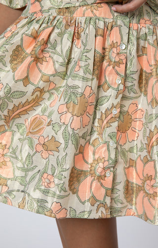 Pinkes Lamé-Blousonkleid mit Blumendruck